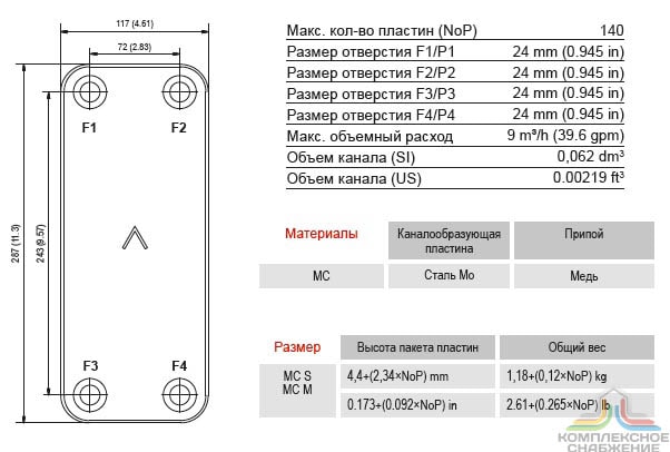 Габаритный чертёж и параметры паяного пластинчатого теплообменника SWEP B10
